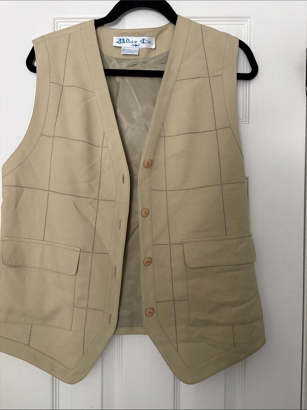 Vintage Blue Ice 100% Silk Beige Grid Stitched Utility Vest - Large